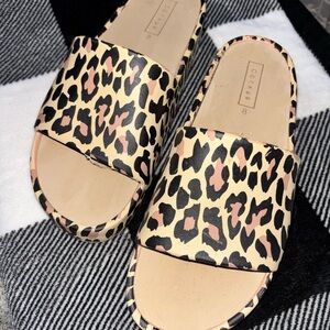 Corkys Leopard Print Slide Sandals in Beige, Black & Blush